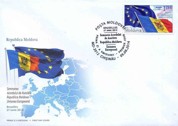 Cachet: Flags of the European Union and the Republic of Moldova. Map of Europe