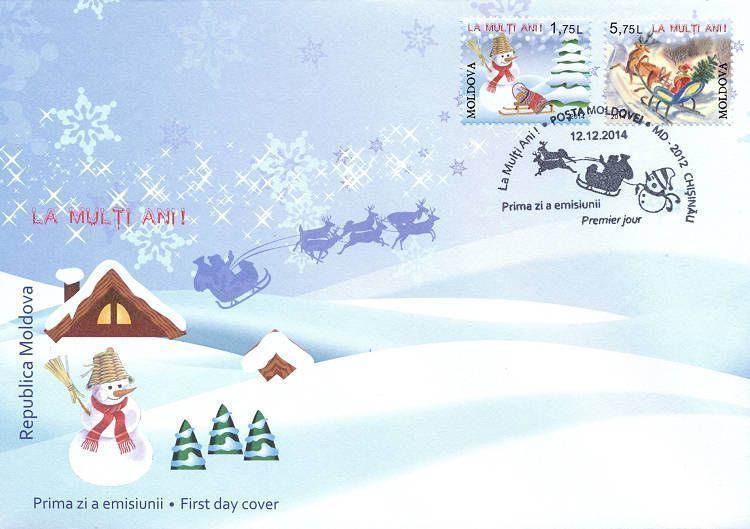 Cachet: Snowman and Santa Claus with Sleigh